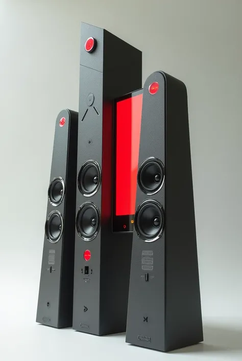 A speaker with three towers and a red touchscreen and not very modern