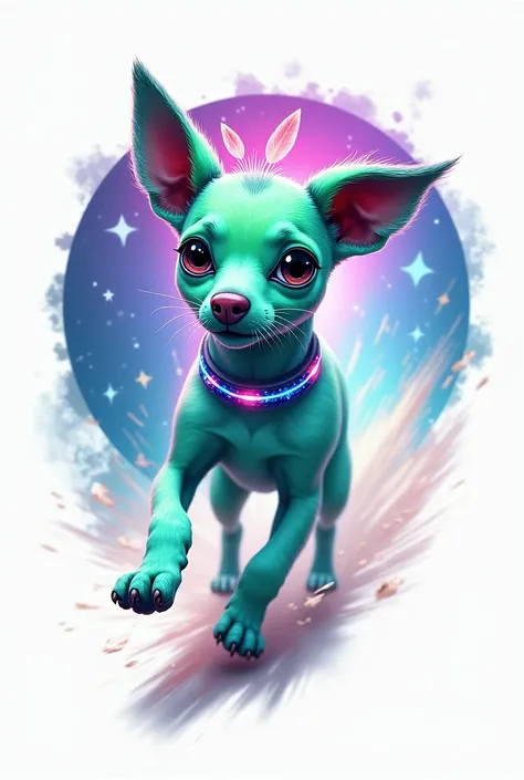 Print:  ET Dog Running

A fun and energetic design for a print:

Main character:  A dog stylized as an ET , com pele em tons esverdeados ou blueados brilhantes,  big expressive eyes ,  and delicate antennae on the top of the head .  It has a collar futuris...