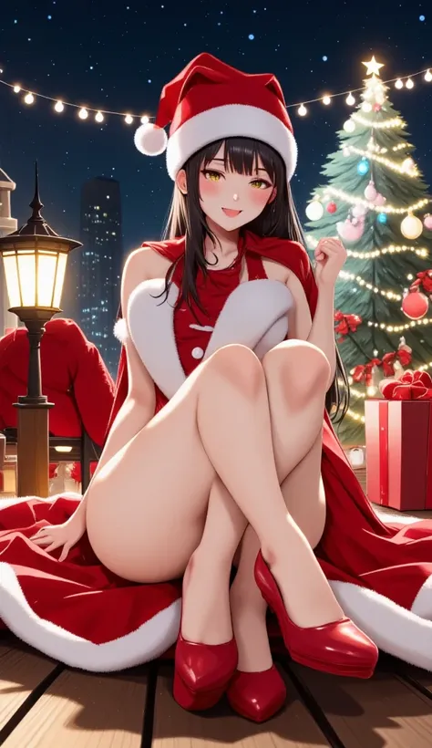 Anime Illustration, A beautiful Xmas babe in a rooftop, wide hips and narrow waist, she is posing sexy lying on the ground, cinematic, wide angle lens, from below, wide angle lens 