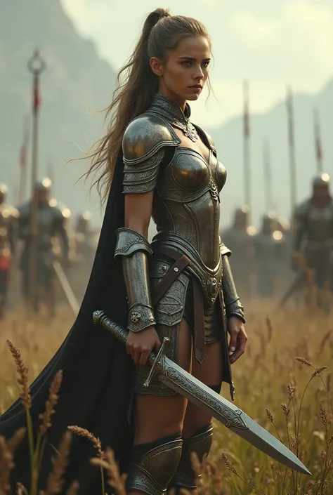 A beautiful warrior girl in armor and with a sword in the field after defeating enemies