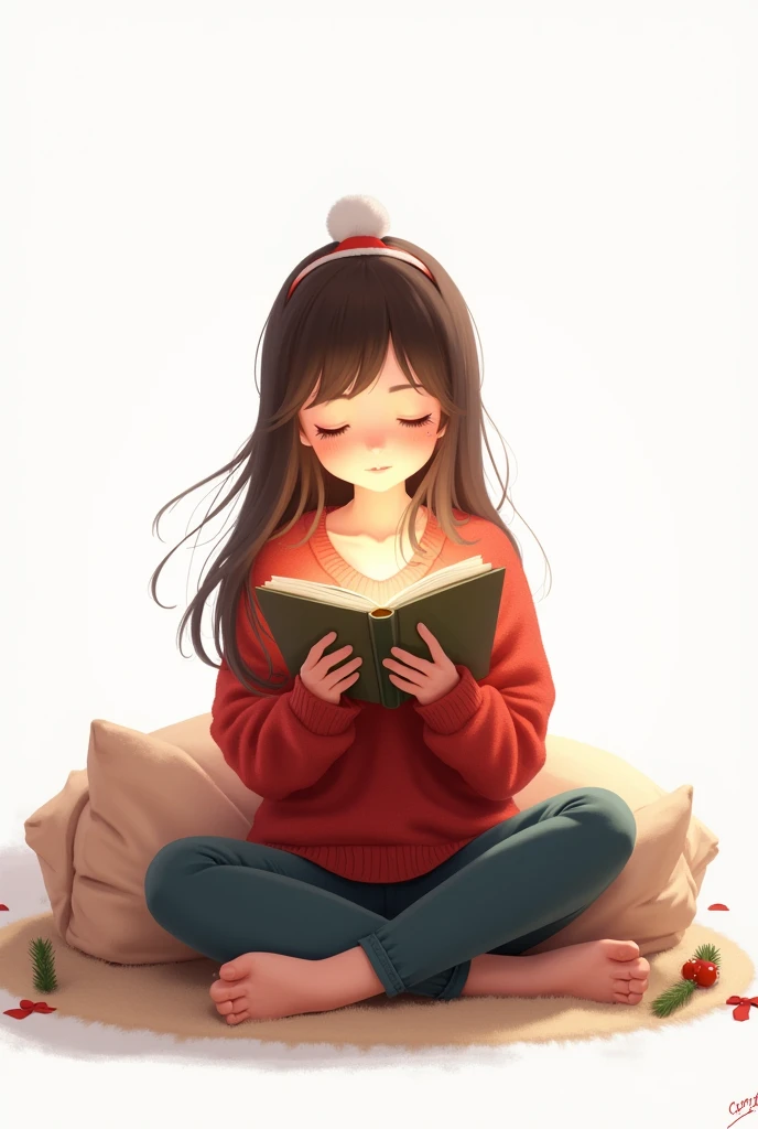 Tender  sitting reading a book dressed for Christmas with white background