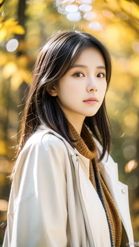 super quality、 ultra high resolution、8k、prety、The most beautiful woman in the world、（ brown long hair:1.5）、Small face、Thin, thin eyebrows 、daytime、forest、autumn leaves、realistic、（ White jacket :1.5）、 scarf、Sad Expression 、 sexy pose、