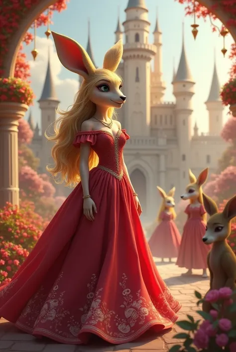 A anthropomorphic kangaroo dressed as a princess. Red dress. Blonde hair. Palace in the background with several anthropomorphic kangaroos dressed as princesses and princes.
