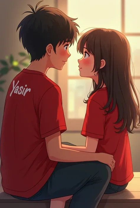 I have a picture of a fifteen-year-old boy expressing his love for a girl, sitting down, and a fifteen-year-old girl standing in a red shirt, and the boy is also wearing a red shirt, and the name Yasir is written on the back of the boys shirt.