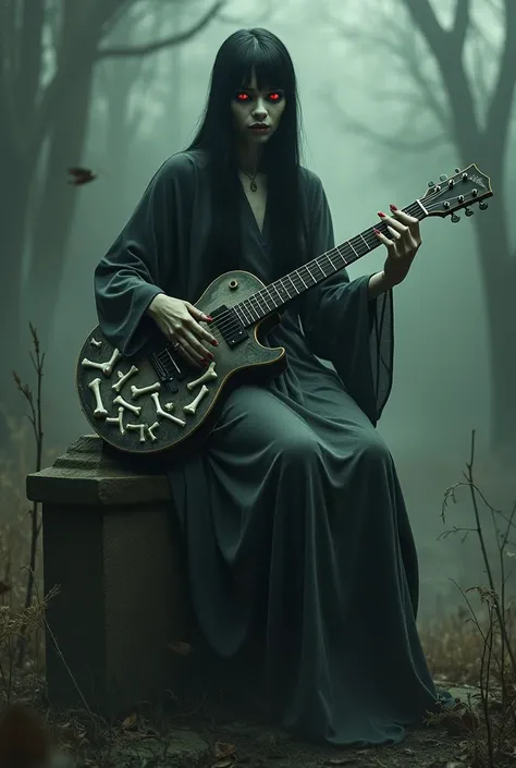  A womans creepy face long black hair straight,  flaming red eyes ,  wears a long dull dress ,dirty luauh , is playing a guitar made of skeleton , sits on top of a creepy ancient grave  