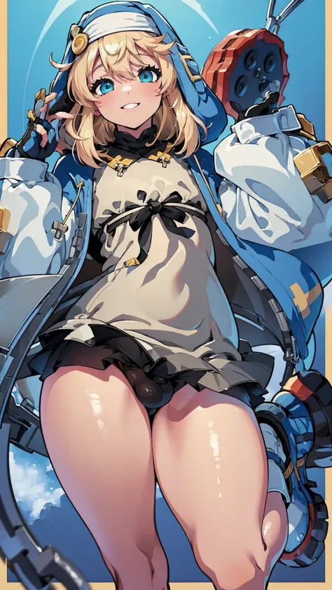 ( best quality , 8k, 32K, masterpiece,  super high resolution:1.2),  Guilty Gear, Bridget, Blonde,  long hair,  Tiny Bodies, fun,  cute smile,  flying around yoyo white wire,  Blue Sister Clothes ,  flat chested, Daughter of a man, small phimosis penis , T...