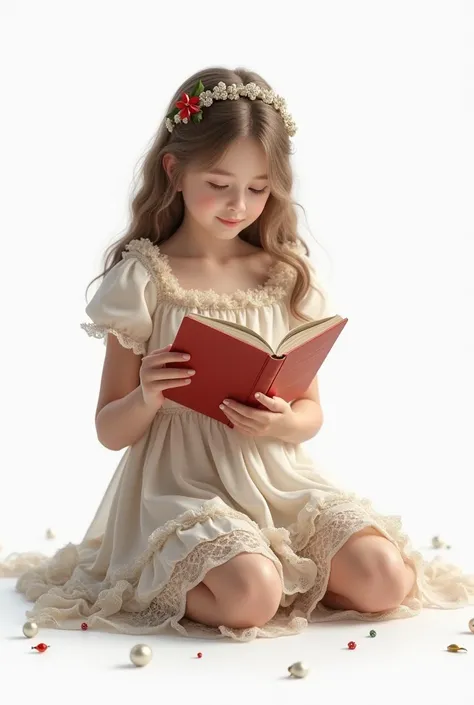 Tender  girl 
Sitting reading a book dressed for Christmas on a white background