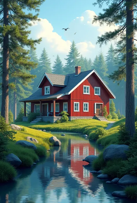  banner with a beautiful Finnish house, in nature by the river