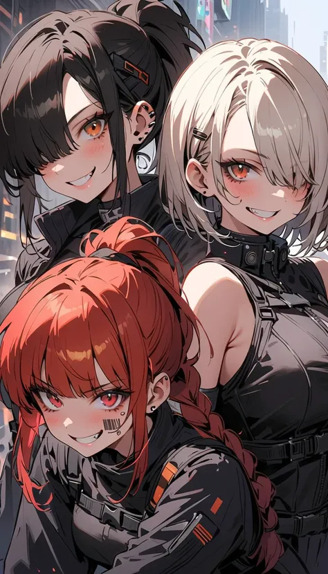  3 women,headband, Japanese Knife , assault rifle ,smile, No Emotion,Reckless attitude, Wicked Expression ,protective clothing, black hair, Silver Hair,Blonde, red hair, bob cut , ponytail, braids , hair over one eye,barcode tattoo on cheek,Provocative att...