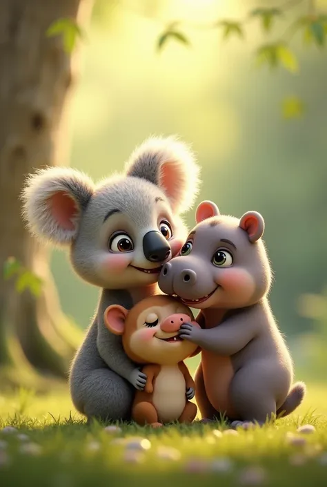 A baby koala and a baby Australian wombat and a baby hippo all very cute and all together