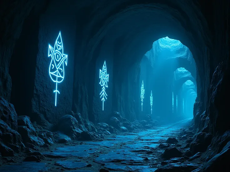 runic writings shining in blue on the wall inside a dark cave, realistic, Foto RAW, 8k, absurdres, ultradetailed