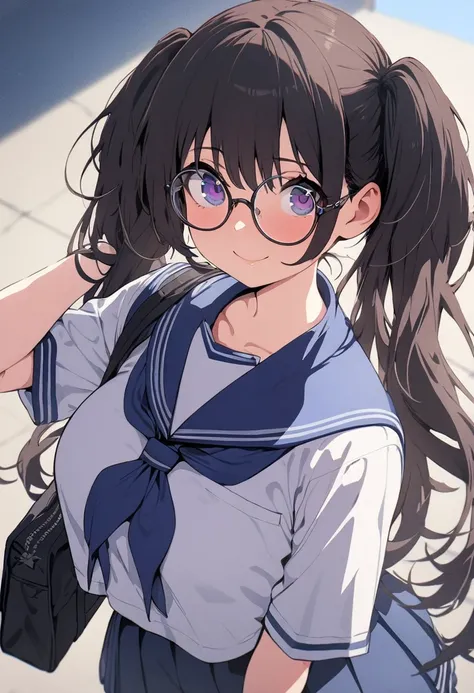 (  Masterpiece  ,   top quality:1.2), 1 girl, Alone,  expressive eyes, Walk with a student bag on your shoulder,  Female College Student,  dark haired twin tails , Round Glasses, ((( perfect face girl who wraps a neckerchief directly around her neck))), Bi...