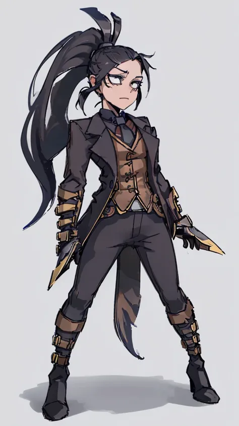 (Detailed), (((normal boy))), ((pelo negro  Ponytail hairstyle )), (( Ponytail hairstyle )), (calm face), ((brown boots)), ((( full body))), ((male)), (black and blue suit), ((solo una persona)), ((steampunk)), ((((solo una persona)))),