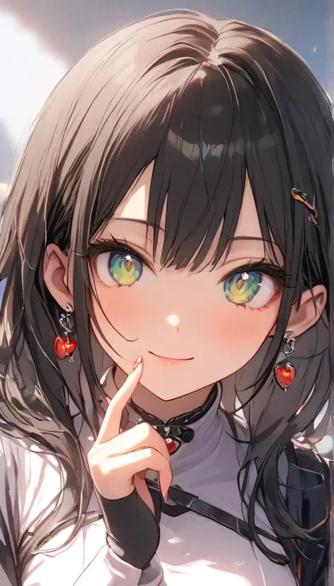 1人of女of子, armor, black_hair, Blur, Blur_background, Blur_ foreground, chest, green_eye, closure_mouth, Depth_of_Field,  earrings for a woman alone, gem, length_hair,  watching _in_ viewer, smile, Alone,  upper_body