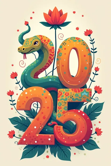 create number 2025 with a cute snake in bright colors. Above is the lotus logo