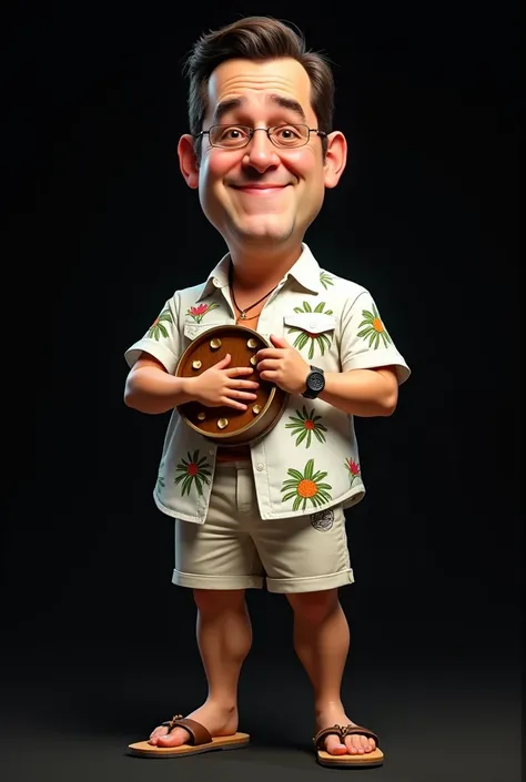 realistic big head caricature  , a man dressed in a white coconut tree motif beach shirt,  Shorts , sandal svart , stand playing tambourine

plain black background