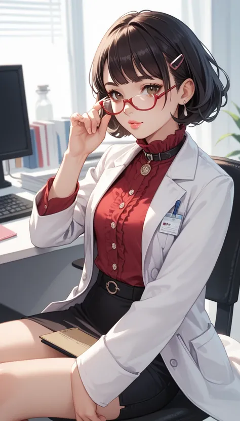 Young girl , soft lips,  short black hair ,  dark brown eyes and wears eyeglasses due to myopia, Menudk body ,  wears a white lab coat with a long collar . a dark red blouse with a high collar ,  A black miniskirt , sitting,  doctors office in the backgrou...