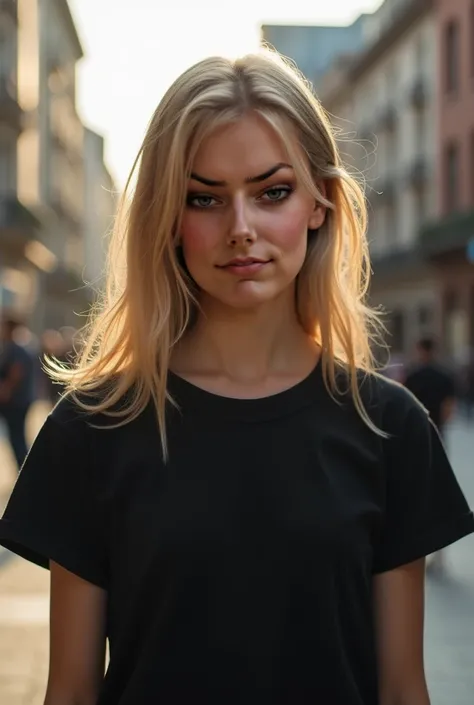 1girl, solo, portrait, black t-shirt, city plaza, soft lighting, looking at viewer, blurry background, bokeh, chromatic aberration, depth of field, masterpiece, best quality, ultra-detailed, ultra high res, (photorealistic:1.4), raw photo, (realistic:0.2),...