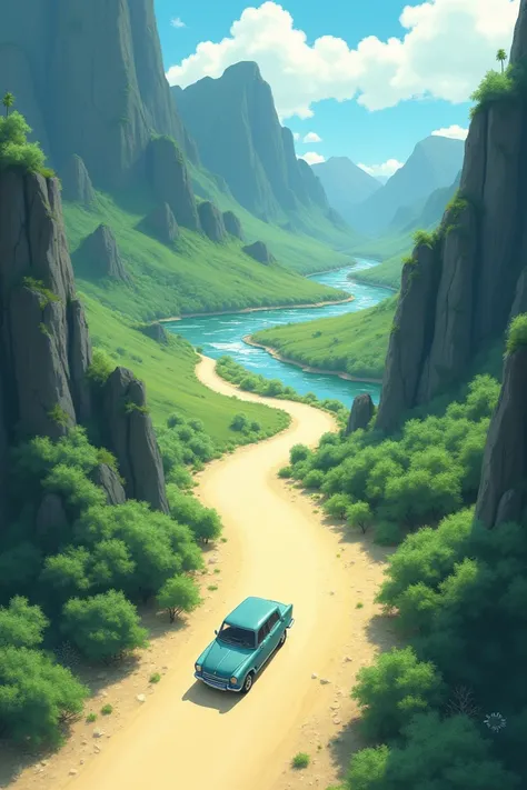 The Ghibli style image shows an aerial view of a car driving on a sandy road between 、High Mountain々 and the river.. 