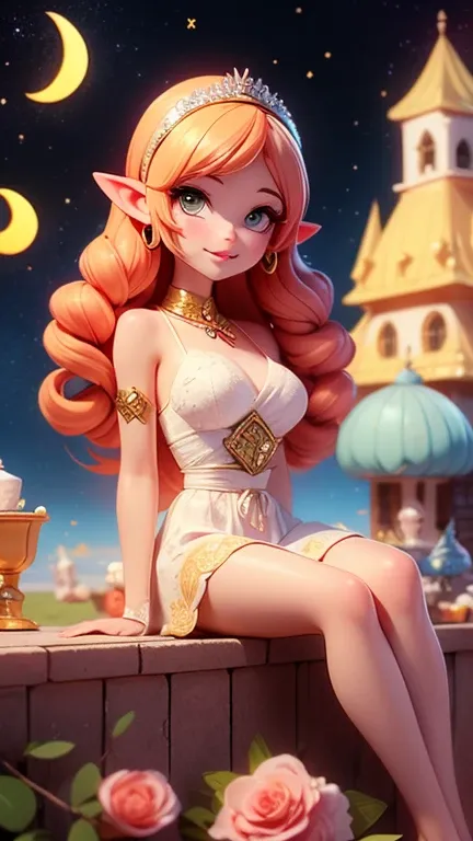 8k⒉5D anime style, Depicts a mysteriously beautiful girl with long hair and pointy ears, Sits gracefully on a crescent moon. She is surrounded by shining stars and swirling nebulae. She is wearing a pure white nightdress outfit with rich red embroidery fea...