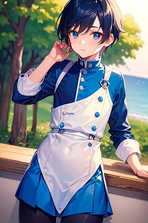 teenage boy wearing plain blue tunic and spats, seaside, (beautiful detail eyes), (soft+cute), ((best quality)), ((masterpiece))