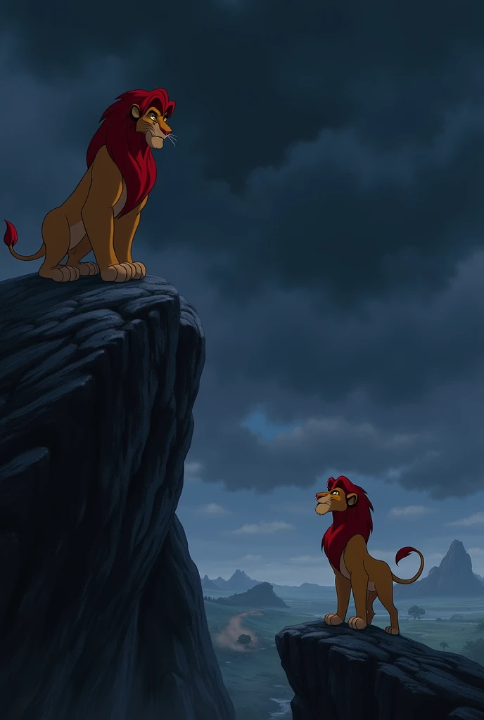 "A tense, dramatic moment with a dark, stormy sky looming overhead. Scar, standing atop a rugged rock, speaks with a sly, menacing expression, his eyes fixed on Mufasa below. The atmosphere is heavy with tension as Scar informs Mufasa that Simba is on the ...