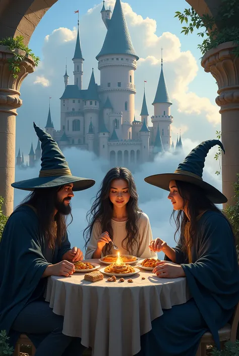 A young and beautiful witch with black hair eating at a table with a witch man and wizard with a castle in the background of clouds and both wearing witch hats with food on the table