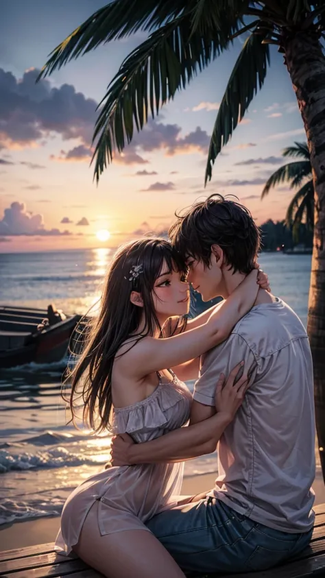 A romantically entwined pair of lovers sits on a weathered bench beneath towering coconut trees as the vibrant hues of a sunset bathe the scene in golden light. The young couple, dressed in casual, summery attire, exude a sense of carefree joy and intimacy...