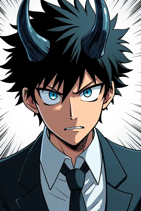 Boku no hero academia comics panel of a male. he has black  short spiky hair with demon horns no emotion , and blue eyes he is a antihero, he is wearing a school uniform.