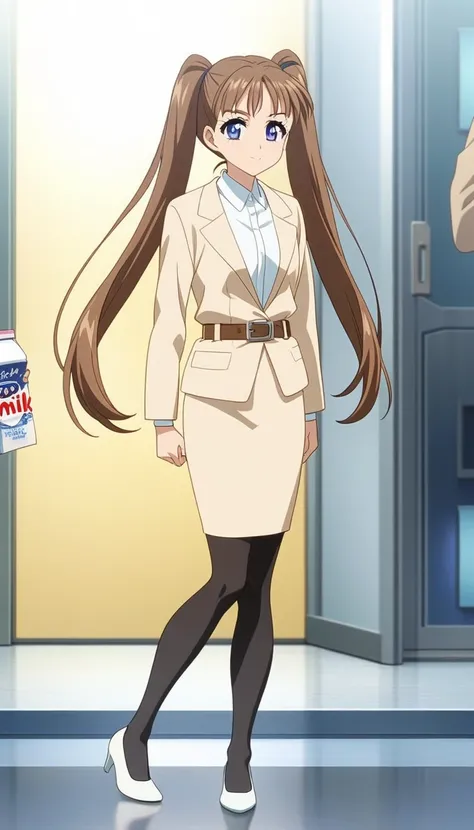 Ryoko Kano、Brown Hair、 long hair、 twin tails、bangs、 kind smiles、 Teal Eyelids、 full body style that reflects your whole body、Normal milk、 narrow waist 、Bare legs、 in a suit、 beige jacket、White blouse、belt、Beige pencil skirt, black tights、White pumps、Anime ...