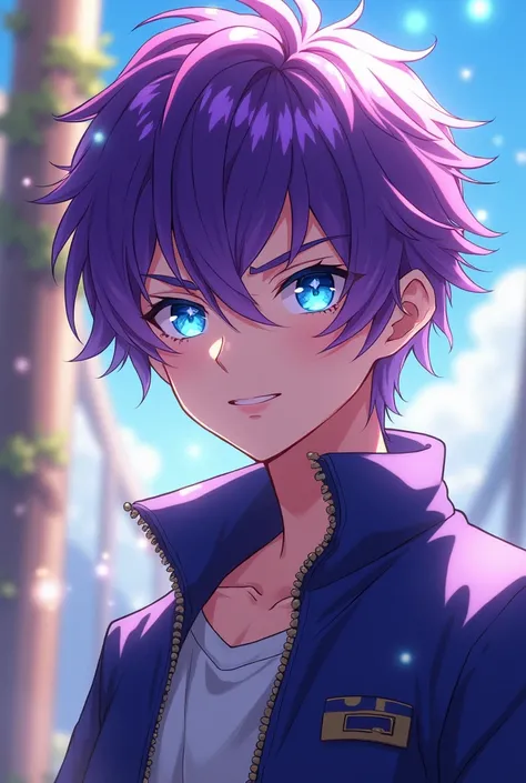 Anime, men, bright blue eyes, light up the game of bright sunlight, purple hair shining like a secret gem.