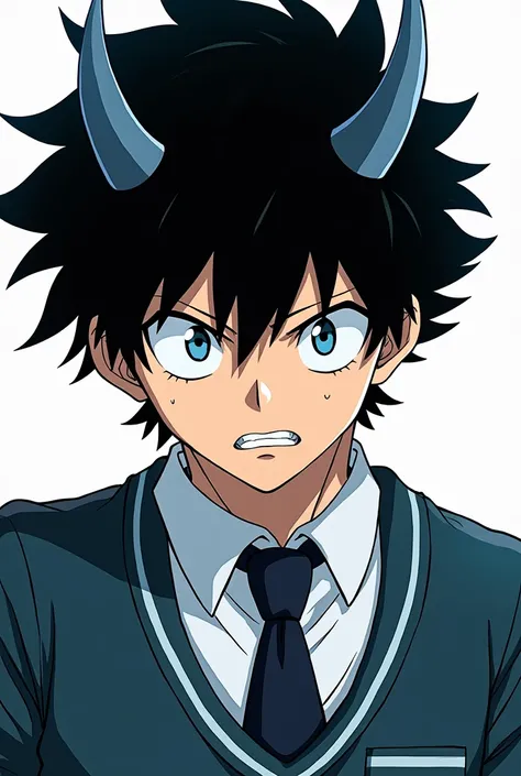 Boku no hero academia comics panel of a male. he has black  short spiky hair with demon horns no emotion , and blue eyes he is a antihero, he is wearing a school uniform.