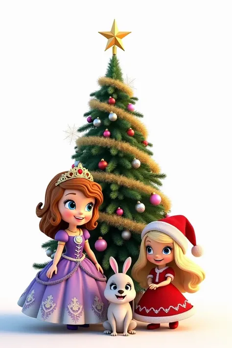  Create an image containing the following characters :  Little Princess Sofia, Barbie, bibble . All characters wearing Christmas hats ,  a Christmas tree in the background and more Christmas decorations. fondo blanco