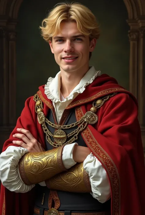 Handsome young prince , blond hair,  arrogant look and sarcastically singing smile ,  arms crossed and wearing the clothes of a Spanish prince. high resolution,  masterpiece , Necessary,  Anatomically correct,  Awarded multiple times ,  best quality, detai...