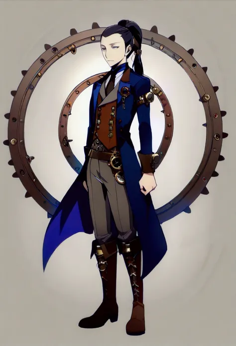 (Detailed), (((normal boy))), ((pelo negro  Ponytail hairstyle )), (( Ponytail hairstyle )), (calm face), ((brown boots)), ((( full body))), ((male)), (black and blue suit), ((solo una persona)), ((steampunk)), ((((solo una persona)))),