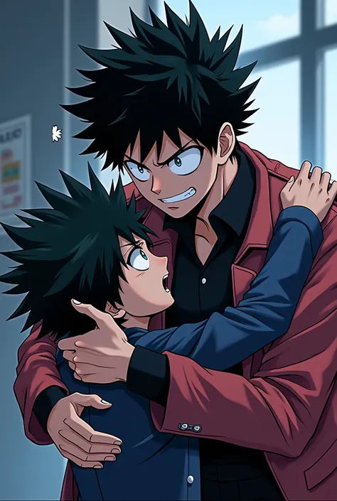 Boku no hero academia comics panel of a male. he has black  short spiky hair with demon horns no emotion , and blue eyes he is a antihero, he is wearing a school uniform. He is hugging  bakugou  katsuki from boku no hero academia 