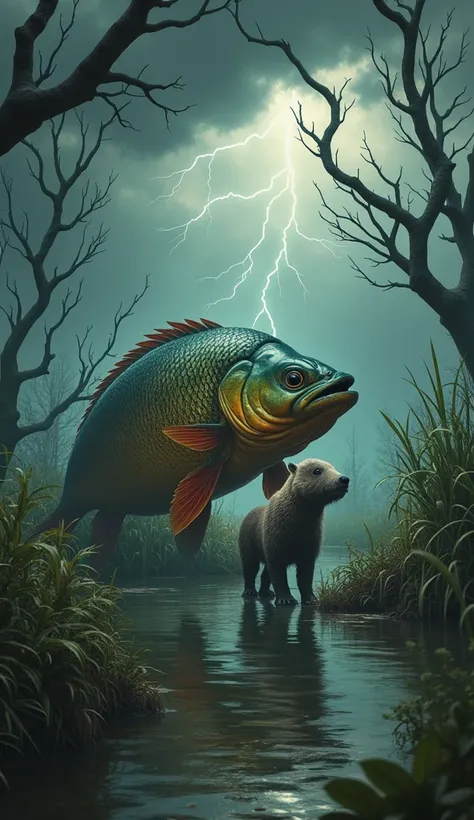 large perch and tapir, in one frame, in a swamp area and there are thunderclouds