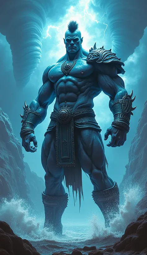 Water Titan with short hair cut Mahanwnk style short full body torso arms hands legs feet with a Roman Azteka style shell well defined details in the midst of thunder and tornados from the front 