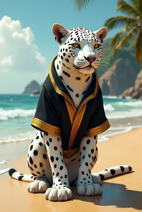 A white jaguar with black spots on a beach ,  the jaguar wears a normal black shirt written "Sotero " with the gold sleeve and is standing in front 