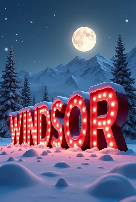 3d animated rendering of name text "「WINDSOR」 large 3D panel in the center thickened , Text in the middle  ,  a 3d animated rendering of the text with the name of a giant Santa Claus , snowflake ,  The background is a winter mountain and moon ,  Its snowin...