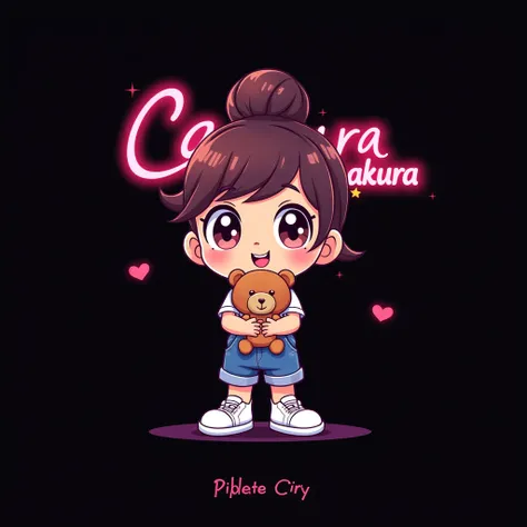 (masterpiece, best quality:1.2), cartoonish character design。1 girl holding a teddy bear, alone，big eyes，cute expression， hair bun，WHITE shirt，Overalls，White sneakers，stand，interesting，interesting，clean lines , name chibi sakura written on  black backgroun...