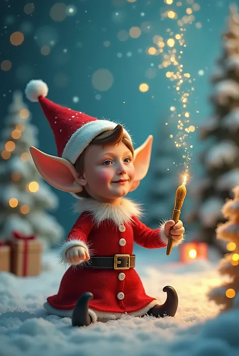 Fabulous Christmas landscape toy elf elf with golden brush writes to the sky Bianca name