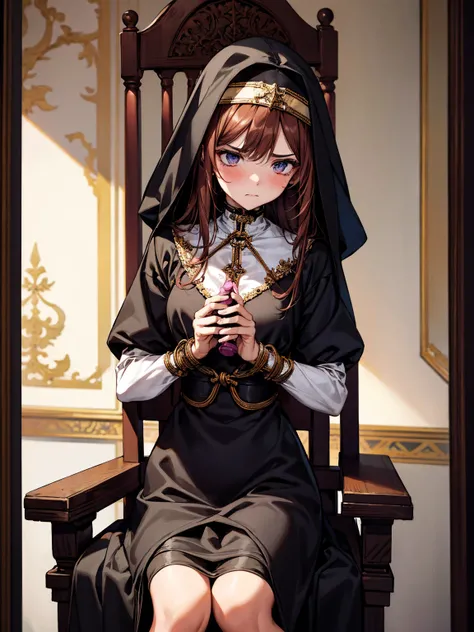 A beautiful young nun with honey-colored eyes that shimmer like crystals, exuding an air of innocence and serenity. She has fair, porcelain-like skin and long, flowing brown hair partially visible beneath her traditional nun’s headdress. Her black cassock ...