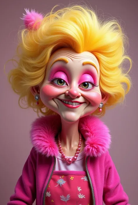  Create a picture of an older , Very crazy woman named Aunt Dörte . She is said to have eye-catching pink makeup . She is a cook and should be strikingly bright,  wear pink things .  And she should have blonde hair and look funny .  But the top half of the...