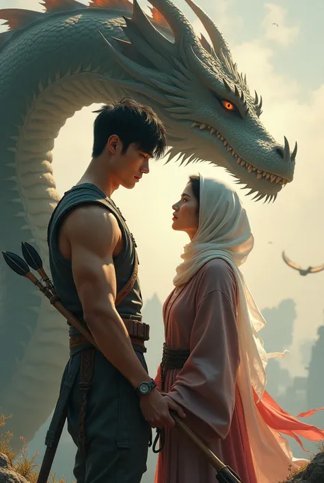 Make me a picture of a young Korean man, military pants, with sispek muscles, carrying an arrow, in a romantic style with a Korean woman wearing a hijab, facing the viewers face, with a dragon in the background with Majids name on it