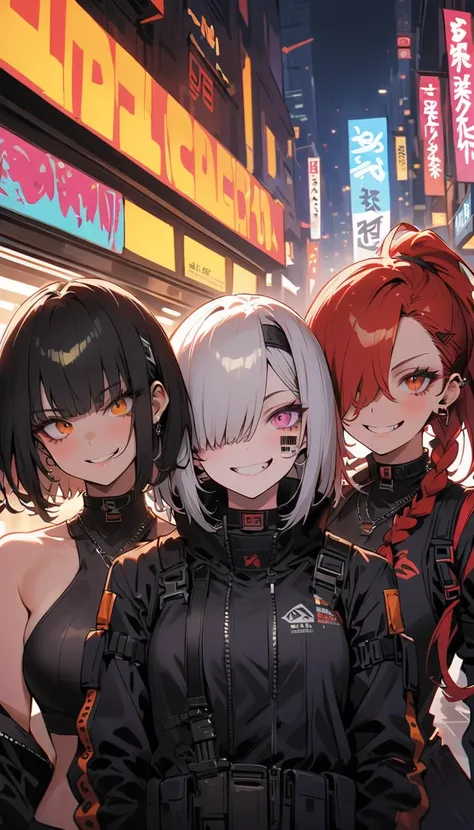  3 women,headband, Japanese Knife , assault rifle ,smile, No Emotion,Reckless attitude, Wicked Expression ,protective clothing, black hair, Silver Hair,Blonde, red hair, bob cut , ponytail, braids , hair over one eye,barcode tattoo on cheek,Provocative att...