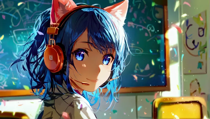  Beautiful Nekomimi girl listening to music with headphones、 inside the room Classroom with blackboard next to it  High resolution,  looking at the spectator, smile,  blue eyes ,  High resolution, Anatómicamente correcto, 