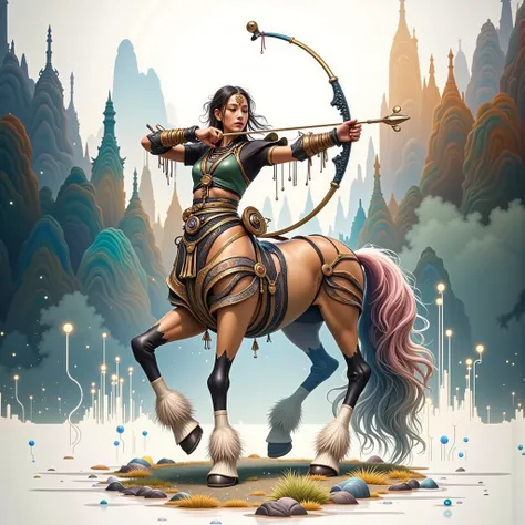 masterpiece,(  are of the best quality:1.3),Centaur Girl,Centaur Girl,(Head attached to body 1 ：9：1.3)[Imagine:1.0]，[Wide Angle:1.0]，  Surrealist sci-fi background images   ，  in futuristic high-rise buildings   ，Cartoon， creates a bold and dynamic design ...