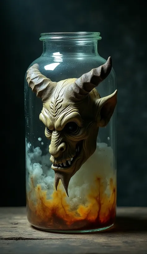 close-up cinematic portrait, photoshop manipulation photo A devils head preserved in a glass jar containing a preserving potion