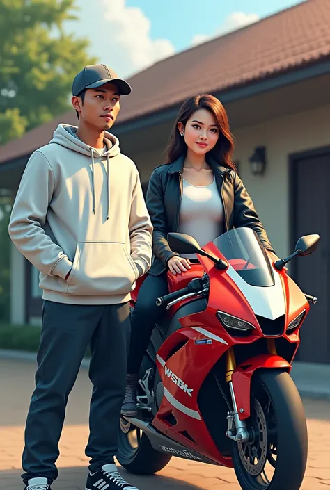 Indonesian racing motorcycle 25 years old standing up Hoodie jacket white color wearing basketball cap and chubby beautiful woman wearing t-shirt jacket are on WSBK motorcycle in the background of the house 